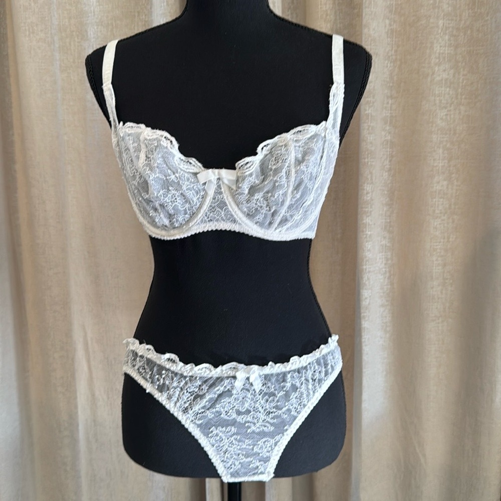 Agent provocateur, white "Love" bra, and panty set